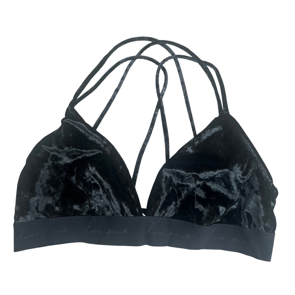 PINK VS Bralette Women XL Black Velvet Strappy Cage Back 913038-QB4